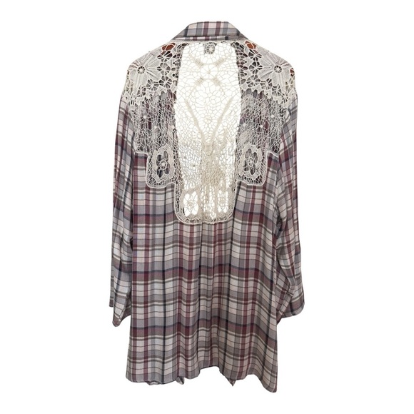 American Rag Purple Plaid Blouse with Crochet Accents - Picture 2 of 11